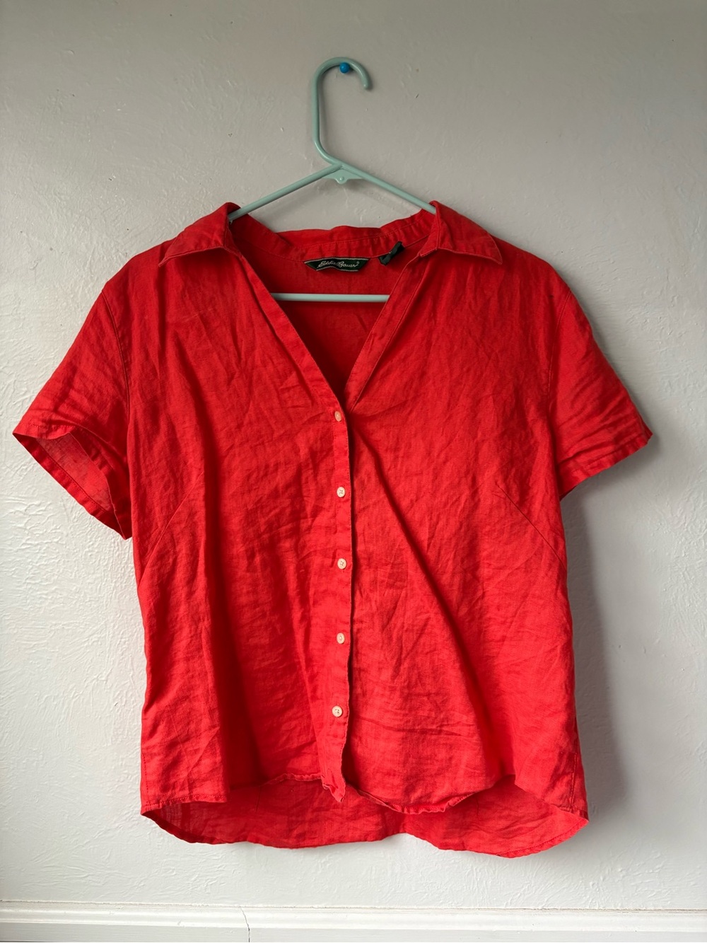 Eddie Bauer Red Short-Sleeve Button-Down Linen Shirt